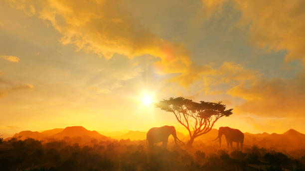 Two elephants next to a tree